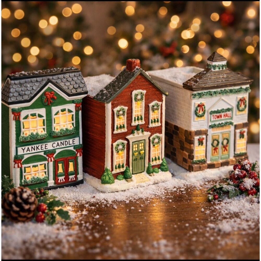 Yankee Candle (3) Ceramic Christmas Village Jar Candle Holders - RARE SET